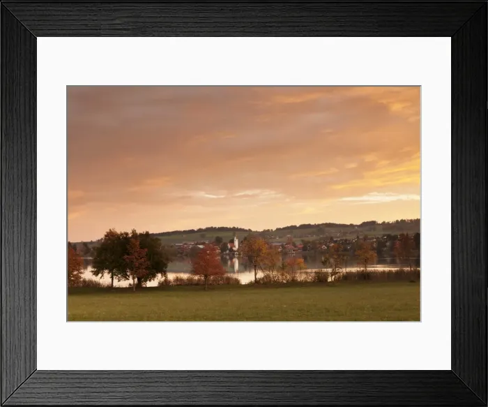 Framed Print : Sunrise at Riegsee Lake with Riegsee Village, Pfaffenwinkel, Blaues Land, Upper Bavaria, Bavaria, Germany, Europe Framed Print : Sunrise at Riegsee Lake with Riegsee Village, Pfaffenwinkel, Blaues Land, Upper Bavaria, Bavaria, Germany, Europe