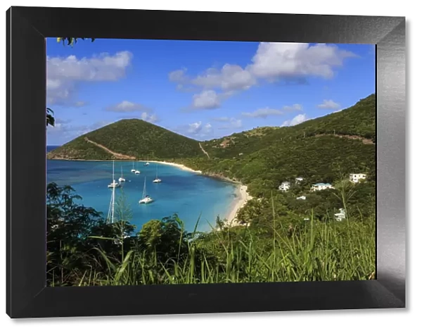 Elevated view of White Bay beaches and yachts, Jost Van Dyke, British Virgin Islands, West Indies, Caribbean, Central America
