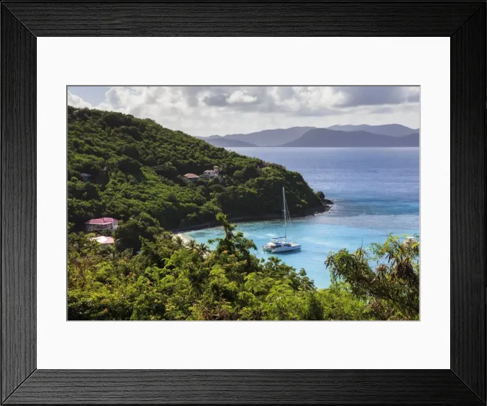 Framed Print : Elevated view of cove with yacht, White Bay, Jost Van Dyke, British Virgin Islands, West Indies, Caribbean, Central America Framed Print : Elevated view of cove with yacht, White Bay, Jost Van Dyke, British Virgin Islands, West Indies, Caribbean, Central America