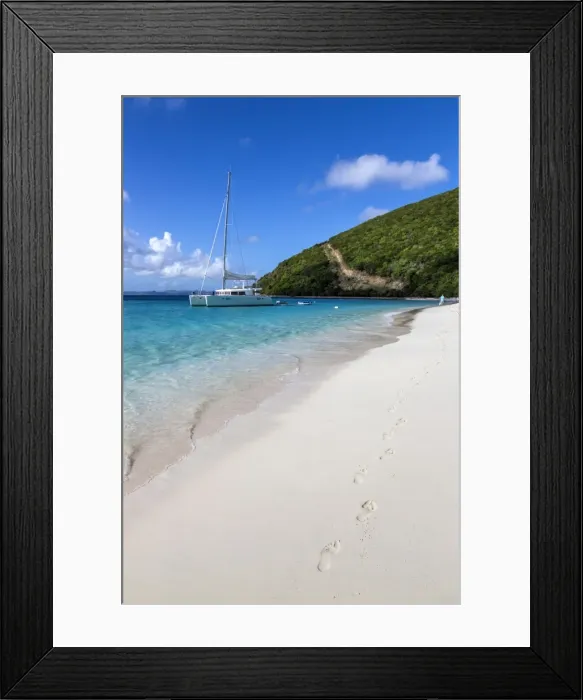 Framed Print : Footprints in white sand on shoreline with yacht, White Bay, Jost Van Dyke, British Virgin Islands, West Indies, Caribbean, Central America Framed Print : Footprints in white sand on shoreline with yacht, White Bay, Jost Van Dyke, British Virgin Islands, West Indies, Caribbean, Central America