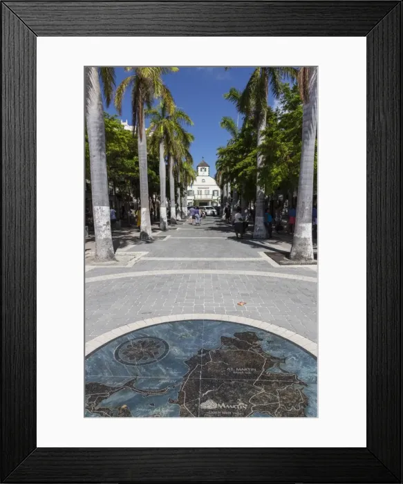 Framed Print : View along palm lined avenue to courthouse with pavement map of the island, Philipsburg, St. Maarten (St. Martin), West Indies, Caribbean, Central America Framed Print : View along palm lined avenue to courthouse with pavement map of the island, Philipsburg, St. Maarten (St. Martin), West Indies, Caribbean, Central America