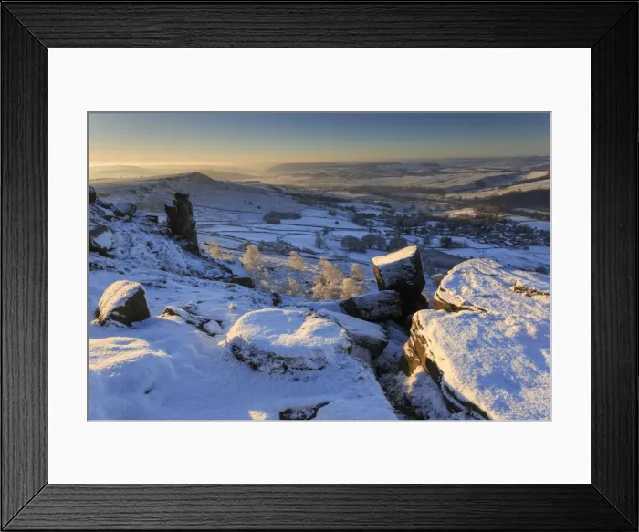 Framed Print : Snow on millstone lit by sunrise, Curbar and Baslow Edge with misty hills and wintry trees, Peak District, Derbyshire, England, United Kingdom, Europe Framed Print : Snow on millstone lit by sunrise, Curbar and Baslow Edge with misty hills and wintry trees, Peak District, Derbyshire, England, United Kingdom, Europe