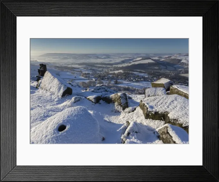 Framed Print : Fresh snow on millstone, Curbar Edge, misty Derwent Valley with Curbar and Baslow villages, Peak District, Derbyshire, England, United Kingdom, Europe Framed Print : Fresh snow on millstone, Curbar Edge, misty Derwent Valley with Curbar and Baslow villages, Peak District, Derbyshire, England, United Kingdom, Europe