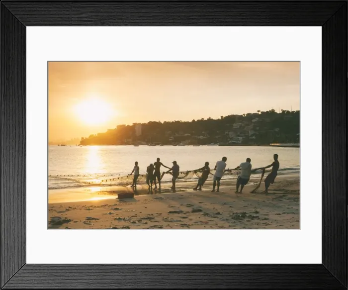 Framed Print : Fishermen on the beach in Niteroi, with the Rio skyline in the background, Rio de Janeiro, Brazil, South America Framed Print : Fishermen on the beach in Niteroi, with the Rio skyline in the background, Rio de Janeiro, Brazil, South America