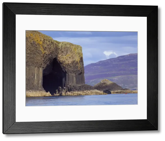 Framed Print : Fingals Cave, the hexagonal mouth of the cave with the heather-covered slopes of Mull behind, Argyll and Bute, Scotland, United Kingdom, Europe Framed Print : Fingals Cave, the hexagonal mouth of the cave with the heather-covered slopes of Mull behind, Argyll and Bute, Scotland, United Kingdom, Europe