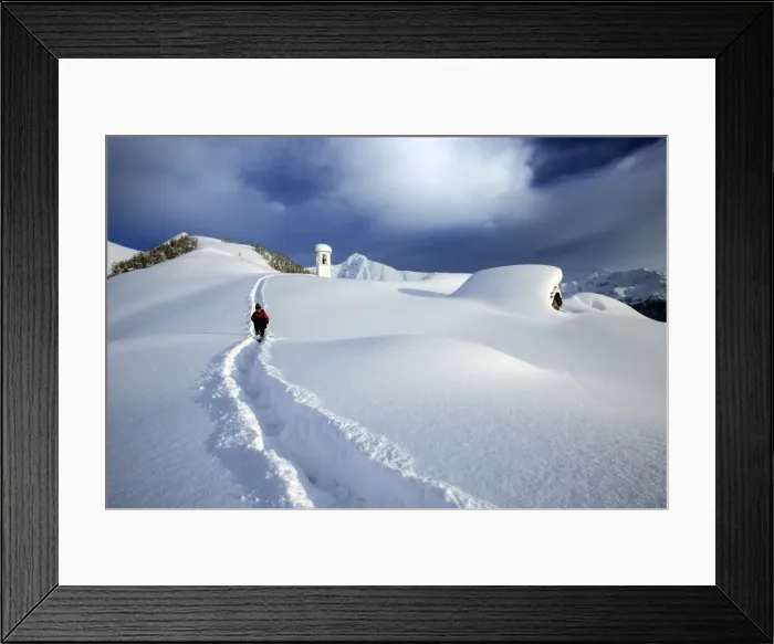 Framed Print : A solitary hiker leaving the little village at the Scima Alp covered in snow, Valchiavenna, Lombardy, Italy, Europe Framed Print : A solitary hiker leaving the little village at the Scima Alp covered in snow, Valchiavenna, Lombardy, Italy, Europe