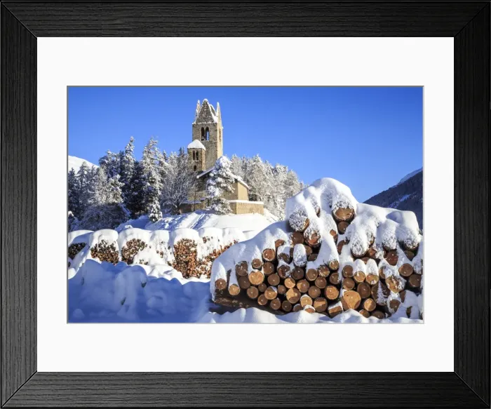 Framed Print : Saint Gian Church after a snowfall in Engadine, Switzerland, Europe Framed Print : Saint Gian Church after a snowfall in Engadine, Switzerland, Europe