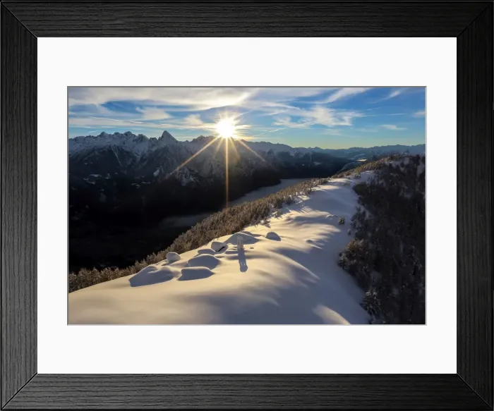 Framed Print : A little village at the foot of Alpe Scima, with its mountain huts and church covered in snow, Valchiavenna, Lombardy, Italy, Europe