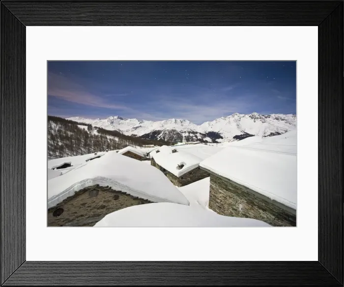 Framed Print : Group of mountain huts covered in snow under a starry night in Valle Spluga, Vachiavenna, Lombardy, Italy, Europe Framed Print : Group of mountain huts covered in snow under a starry night in Valle Spluga, Vachiavenna, Lombardy, Italy, Europe