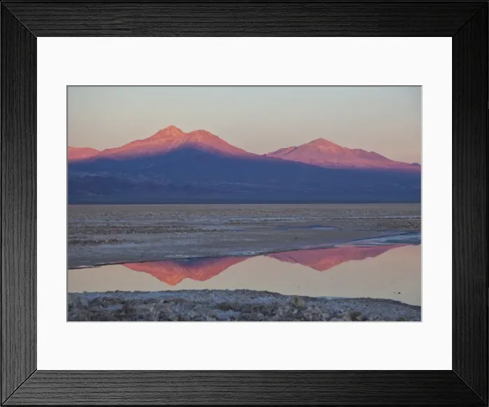 Framed Print : The profiles of two volcanos of the Cordillera de la Sal reflecting in a pool in the Desert of Atacama, Chile, South America Framed Print : The profiles of two volcanos of the Cordillera de la Sal reflecting in a pool in the Desert of Atacama, Chile, South America