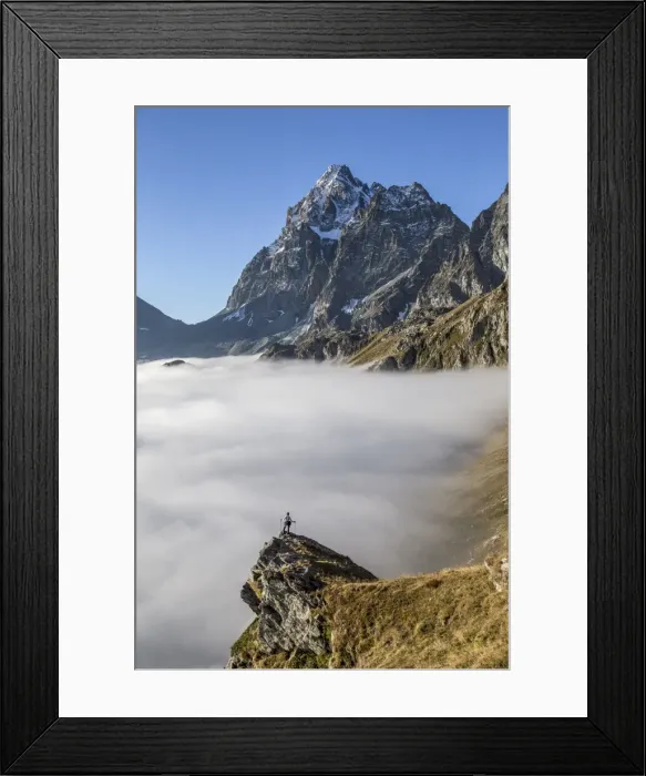 Framed Print : A solitary hiker admiring the profile of the Monviso (Monte Viso) emerging from the fog, Piedmont, Italy, Europe Framed Print : A solitary hiker admiring the profile of the Monviso (Monte Viso) emerging from the fog, Piedmont, Italy, Europe