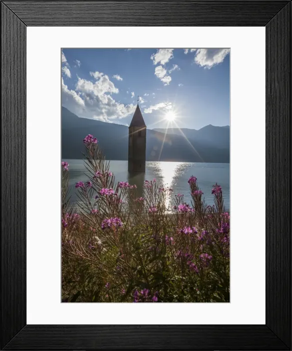 Framed Print : Campanile nel Lago di Resia, rising above Lago di Resia (Reschensee) (Lake Reschen), a reservoir beneath which are the submerged hamlets of Arlung, Piz, Gorf and Stockerhofe, South Tyrol, Italy, Europe