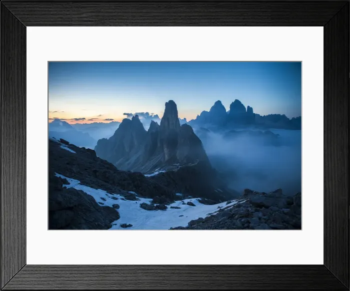 Framed Print : The Cadini di Misurina emerging from the fog after sunset, in a typical Dolomitic landscape, Dolomites, South Tyrol, Italy, Europe Framed Print : The Cadini di Misurina emerging from the fog after sunset, in a typical Dolomitic landscape, Dolomites, South Tyrol, Italy, Europe