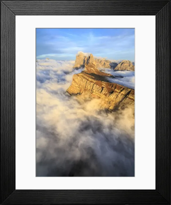 Framed Print : The profiles of the pinnacles of the Geisler Group in the Dolomites emerging from the fog at sunset, South Tyrol, Italy, Europe Framed Print : The profiles of the pinnacles of the Geisler Group in the Dolomites emerging from the fog at sunset, South Tyrol, Italy, Europe