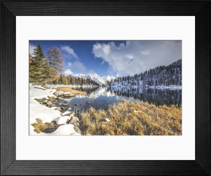 Framed Print : The Brenta Dolomites covered in snow reflecting in the Lake Malghette, Trentino, Italy, Europe