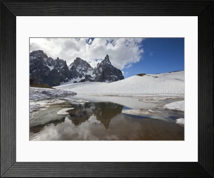 Framed Print : Snow is thawing leaving some puddles at the foot of the Pale di San Martino by San Martino di Castrozza, Dolomites, Trentino, Italy, Europe Framed Print : Snow is thawing leaving some puddles at the foot of the Pale di San Martino by San Martino di Castrozza, Dolomites, Trentino, Italy, Europe