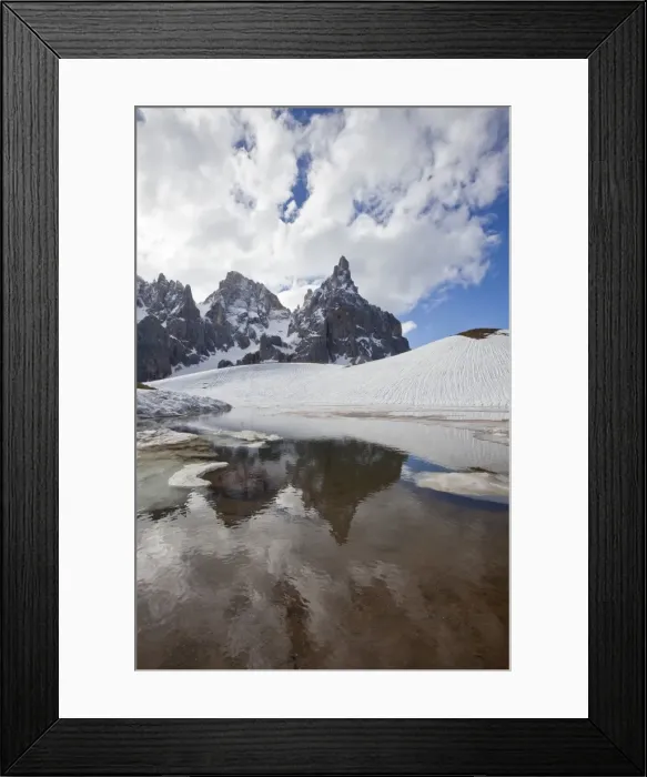 Framed Print : Thawing snow leaving some puddles at the foot of the Pale di San Martino by San Martino di Castrozza, Dolomites, Trentino, Italy, Europe Framed Print : Thawing snow leaving some puddles at the foot of the Pale di San Martino by San Martino di Castrozza, Dolomites, Trentino, Italy, Europe