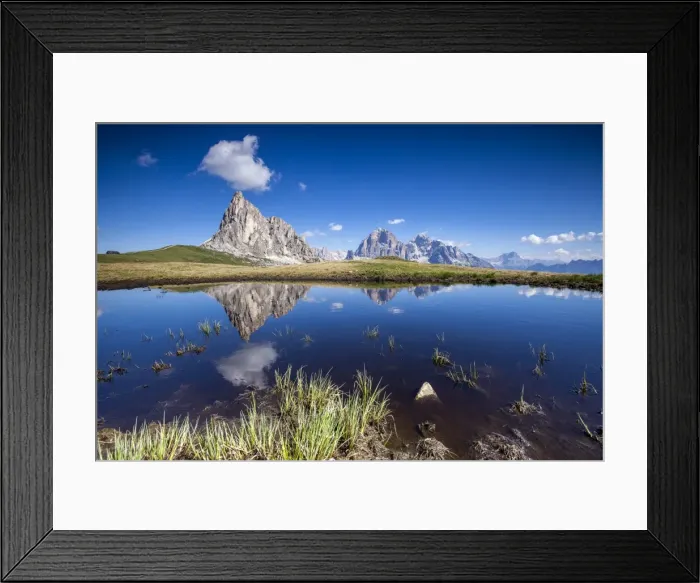 Framed Print : The Gusela peak and the Tofane Group by Cortina D Ampezzo reflecting in the lake by Passo Giau, Veneto, Italy, Europe Framed Print : The Gusela peak and the Tofane Group by Cortina D Ampezzo reflecting in the lake by Passo Giau, Veneto, Italy, Europe