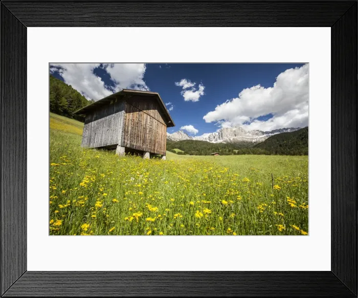Framed Print : A typical mountain hut in the Tires Valley, by the Catinaccio Group and Lake Carezza in the Dolomites, South Tyrol, Italy, Europe Framed Print : A typical mountain hut in the Tires Valley, by the Catinaccio Group and Lake Carezza in the Dolomites, South Tyrol, Italy, Europe