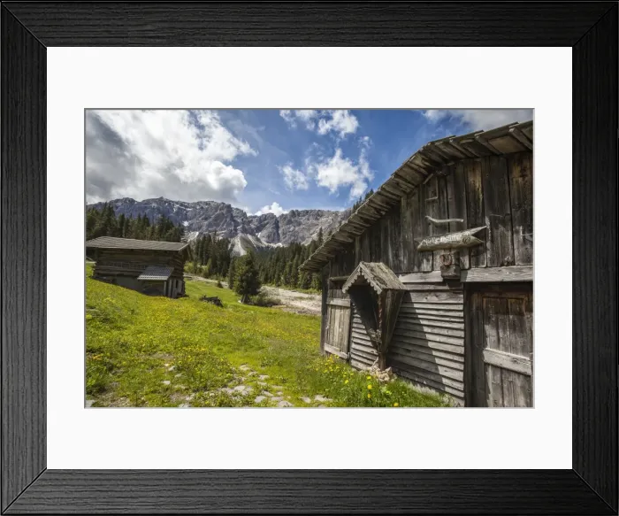 Framed Print : Typical wooden houses in the Funes Valley in the Dolomites by the Passo delle Erbe, South Tyrol, Italy, Europe Framed Print : Typical wooden houses in the Funes Valley in the Dolomites by the Passo delle Erbe, South Tyrol, Italy, Europe