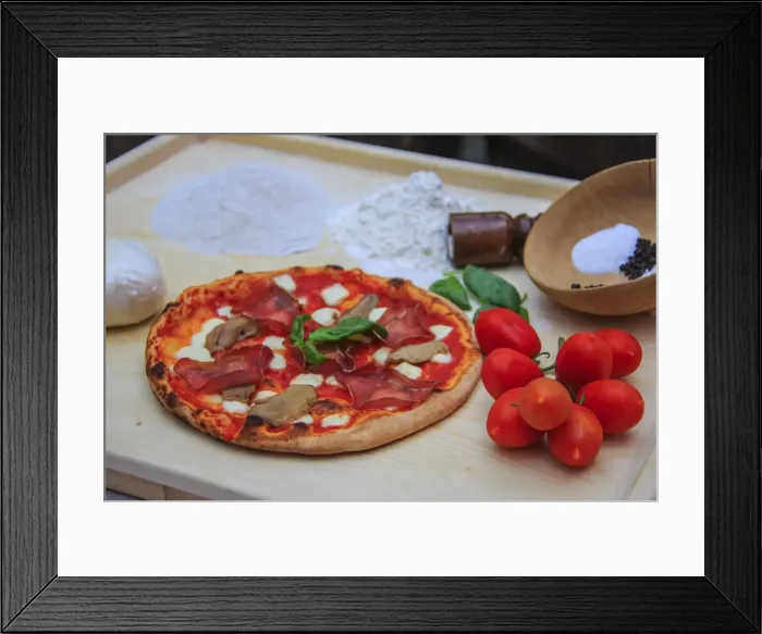 Framed Print : Set of typical Italian products of Bresaola of Valtellina, pizza with mushrooms, tomatoes from Sicily, mozzarella from Naples, Italy, Europe Framed Print : Set of typical Italian products of Bresaola of Valtellina, pizza with mushrooms, tomatoes from Sicily, mozzarella from Naples, Italy, Europe