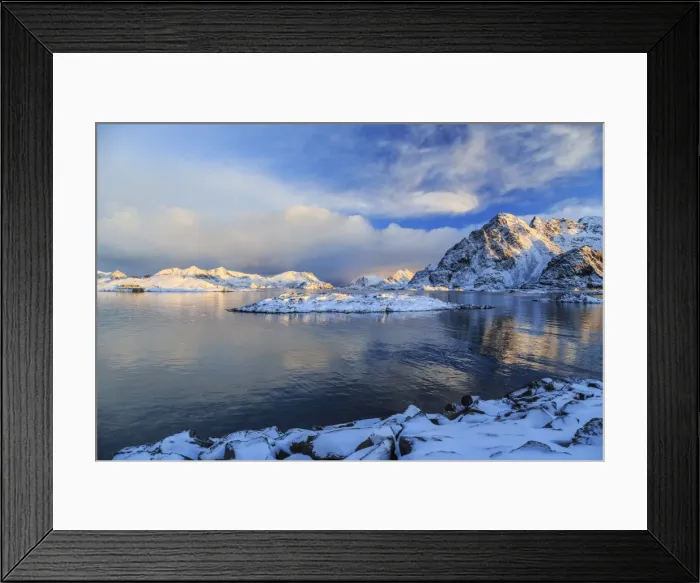Framed Print : The feeble light of the sunset on a fjord near Henningsvaer covered in snow, Lofoten Islands, Arctic, Norway, Scandinavia, Europe Framed Print : The feeble light of the sunset on a fjord near Henningsvaer covered in snow, Lofoten Islands, Arctic, Norway, Scandinavia, Europe