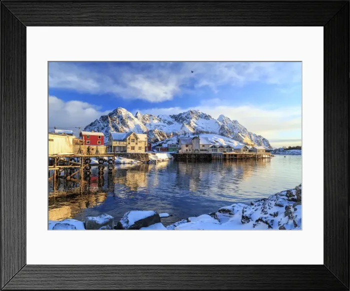 Framed Print : The sun painting the houses overlooking the port of Henningsvaer early in the morning, Lofoten Islands, Arctic, Norway, Scandinavia, Europe