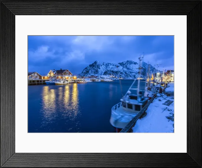 Framed Print : The lights of the harbor of Henningsvaer, the most important in the Lofoten, lit at the blue hour, Lofoten Islands, Arctic, Norway, Scandinavia, Europe Framed Print : The lights of the harbor of Henningsvaer, the most important in the Lofoten, lit at the blue hour, Lofoten Islands, Arctic, Norway, Scandinavia, Europe