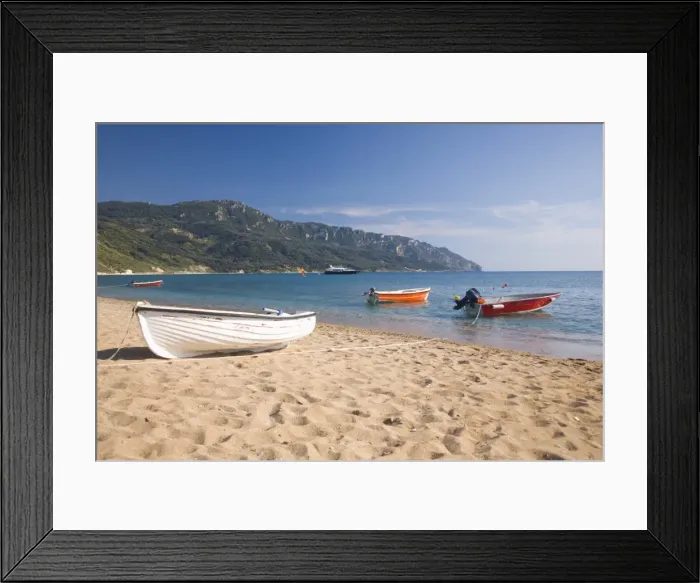 Framed Print : View from the beach to distant Cape Taxiarhis, Agios Georgios, Corfu, Ionian Islands, Greek Islands, Greece, Europe Framed Print : View from the beach to distant Cape Taxiarhis, Agios Georgios, Corfu, Ionian Islands, Greek Islands, Greece, Europe