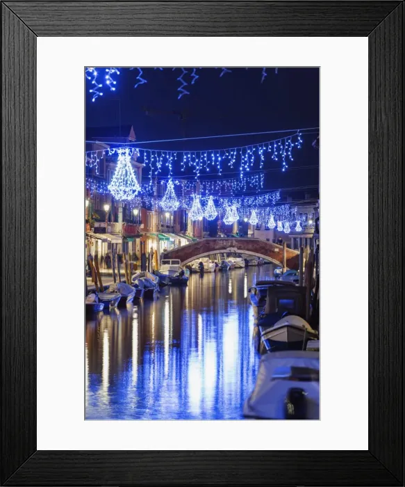 Framed Print : Christmas decorations reflected in a canal, Murano, Venice, UNESCO World Heritage Site, Veneto, Italy, Europe Framed Print : Christmas decorations reflected in a canal, Murano, Venice, UNESCO World Heritage Site, Veneto, Italy, Europe