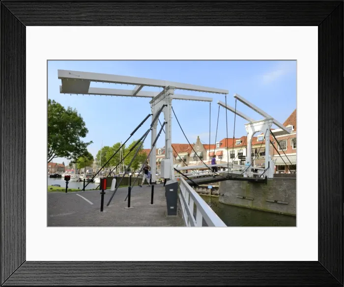 Framed Print : Bascule Bridge (Draw Bridge) and houses in the port of Enkhuizen, North Holland, Netherlands, Europe