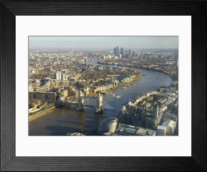 Framed Print : Elevated view of the River Thames looking East towards Canary Wharf with Tower Bridge in the foreground, London, England, United Kingdom, Europe Framed Print : Elevated view of the River Thames looking East towards Canary Wharf with Tower Bridge in the foreground, London, England, United Kingdom, Europe