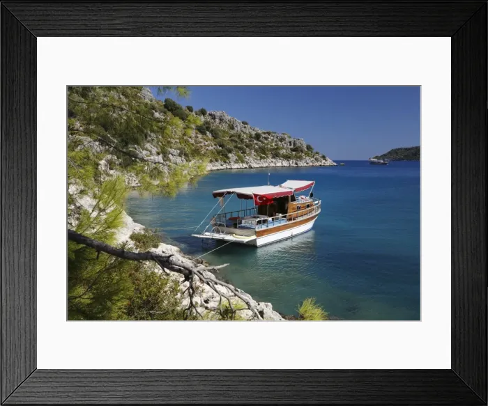 Framed Print : Small gulet boat in craggy cove, Kekova, near Kas, Lycia, Antalya Province, Mediterranean Coast, Southwest Turkey, Turkey, Asia Minor, Eurasia