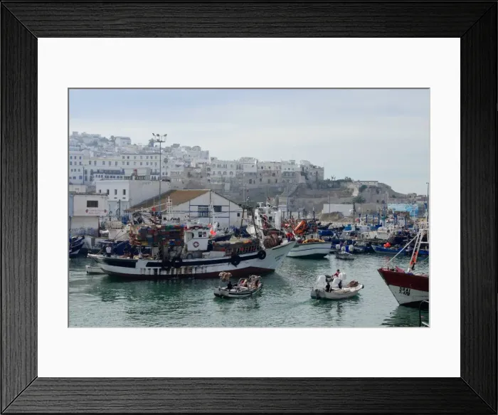 Framed Print : Fishing boats leaving Tangier fishing harbour, Tangier, Morocco, North Africa, Africa