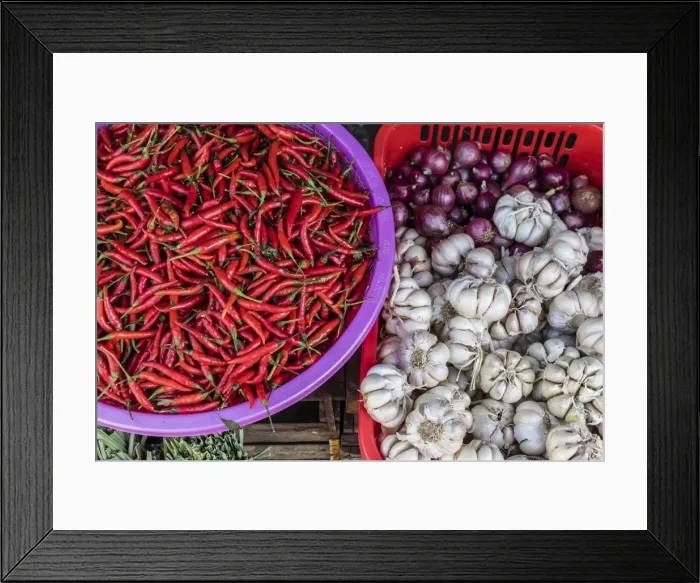 Framed Print : Red chillies, onions, and garlic for sale at fresh food market in Chau Doc, Mekong River Delta, Vietnam, Indochina, Southeast Asia, Asia Framed Print : Red chillies, onions, and garlic for sale at fresh food market in Chau Doc, Mekong River Delta, Vietnam, Indochina, Southeast Asia, Asia