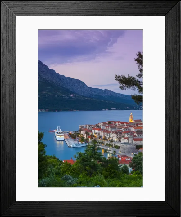 Framed Print : Elevated view over Korculas picturesque Stari Grad (Old Town) illuminated at dusk, Korcula Town, Korcula, Dalmatia, Croatia, Europe
