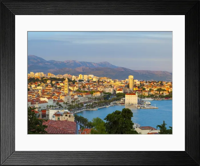 Framed Print : Elevated view over Splits picturesque Stari Grad and harbour illuminated at sunset, Split, Dalmatia, Croatia, Europe Framed Print : Elevated view over Splits picturesque Stari Grad and harbour illuminated at sunset, Split, Dalmatia, Croatia, Europe