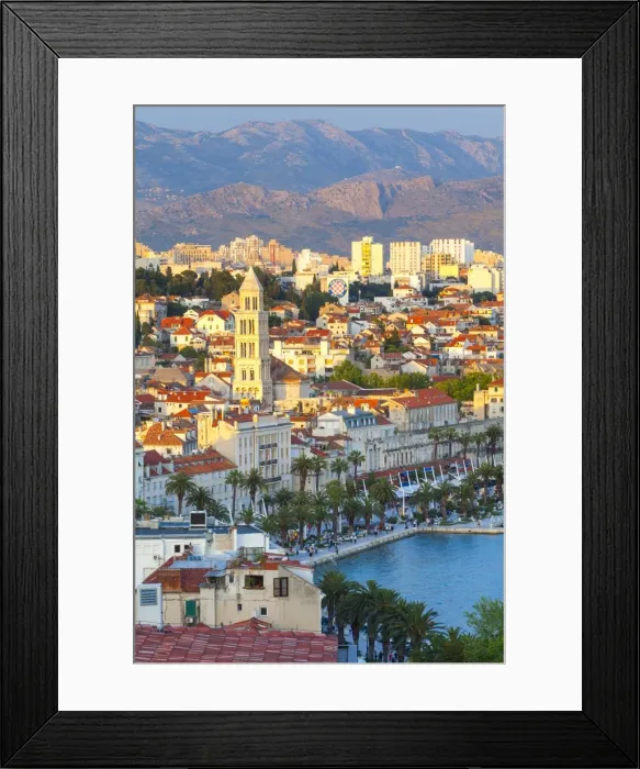 Framed Print : Elevated view over Splits picturesque Stari Grad and harbour illuminated at sunset, Split, Dalmatia, Croatia, Europe Framed Print : Elevated view over Splits picturesque Stari Grad and harbour illuminated at sunset, Split, Dalmatia, Croatia, Europe