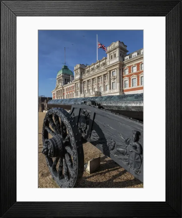 Framed Print : Captured Turkish cannon, Union Flag at half mast on Old Admiralty Building, Horse Guards Parade, Whitehall, London, England, United Kingdom, Europe Framed Print : Captured Turkish cannon, Union Flag at half mast on Old Admiralty Building, Horse Guards Parade, Whitehall, London, England, United Kingdom, Europe