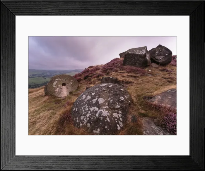 Framed Print : Millstone amongst heather and lichen covered boulders at dawn, Curbar Edge, late summer, Peak District, Derbyshire, England, United Kingdom, Europe Framed Print : Millstone amongst heather and lichen covered boulders at dawn, Curbar Edge, late summer, Peak District, Derbyshire, England, United Kingdom, Europe