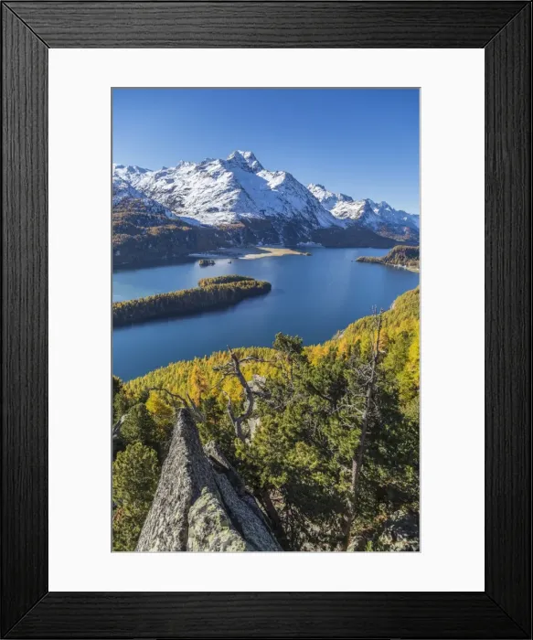Framed Print : Lake Sils and Piz la Margna covered in snow from a rocky terrace above the Engadine woods near St. Moritz, Graubunden, Swiss Alps, Switzerland, Europe Framed Print : Lake Sils and Piz la Margna covered in snow from a rocky terrace above the Engadine woods near St. Moritz, Graubunden, Swiss Alps, Switzerland, Europe