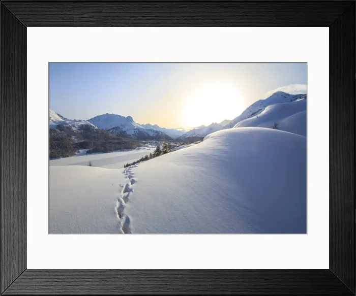 Framed Print : Footprints marching towards the Maloja Pass under a sun veiled by the mist on a cold winter day, Maloja, Graubunden, Switzerland, Europe Framed Print : Footprints marching towards the Maloja Pass under a sun veiled by the mist on a cold winter day, Maloja, Graubunden, Switzerland, Europe