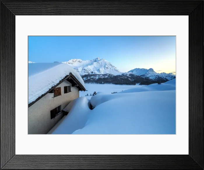 Framed Print : Enchanted atmosphere during the blue hour at Alp Spluga, with some scattered huts covered in snow, Graubunden, Swiss Alps, Switzerland, Europe Framed Print : Enchanted atmosphere during the blue hour at Alp Spluga, with some scattered huts covered in snow, Graubunden, Swiss Alps, Switzerland, Europe