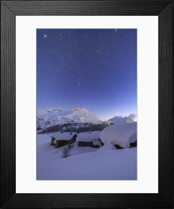 Framed Print : The huts of Spluga covered in thick snow during a clear starry night, Graubunden, Swiss Alps, Switzerland, Europe Framed Print : The huts of Spluga covered in thick snow during a clear starry night, Graubunden, Swiss Alps, Switzerland, Europe