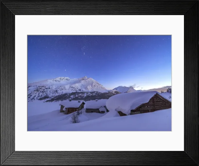 Framed Print : A starry night covering the Spluga huts submerged in snow near the Maloja Pass, Graubunden, Swiss Alps, Switzerland, Europe Framed Print : A starry night covering the Spluga huts submerged in snow near the Maloja Pass, Graubunden, Swiss Alps, Switzerland, Europe