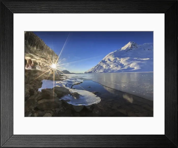 Framed Print : The sun shining through icicles formed on the shores of Lago Bianco at Bernina, completely frozen, Bernina Pass, Graubunden, Switzerland, Europe Framed Print : The sun shining through icicles formed on the shores of Lago Bianco at Bernina, completely frozen, Bernina Pass, Graubunden, Switzerland, Europe