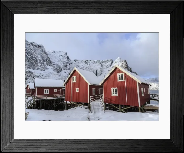 Framed Print : Fresh snow covering the typical Norwegian homes, the Rorbu, in the Lofoten Islands, Arctic, Norway, Scandinavia, Europe Framed Print : Fresh snow covering the typical Norwegian homes, the Rorbu, in the Lofoten Islands, Arctic, Norway, Scandinavia, Europe
