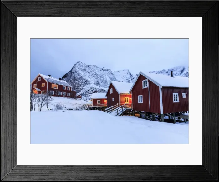 Framed Print : Fresh snow on the typical Norwegian homes, the Rorbu, once fishermens home, now tourist accommodation, Lofoten Islands, Arctic, Norway, Scandinavia, Europe Framed Print : Fresh snow on the typical Norwegian homes, the Rorbu, once fishermens home, now tourist accommodation, Lofoten Islands, Arctic, Norway, Scandinavia, Europe