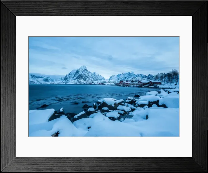 Framed Print : Blue hour in the bay of Reine, where for many months of the year the snow and cold force the residents to remain in their homes, Reine, Lofoten Islands, Arctic, Norway, Scandinavia, Europe Framed Print : Blue hour in the bay of Reine, where for many months of the year the snow and cold force the residents to remain in their homes, Reine, Lofoten Islands, Arctic, Norway, Scandinavia, Europe