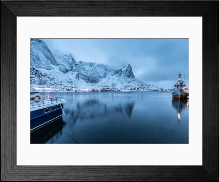 Framed Print : Ships moored in the small harbor of Reine under a gloomy sky in the south of the Lofoten Islands, Arctic, Norway, Scandinavia, Europe